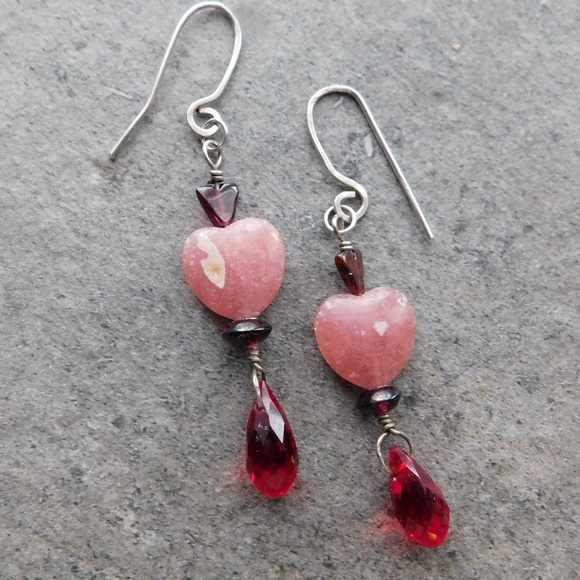 Rhodochrosite Hearts Garnet Gemstone Swarovski® Crystal Earrings by Konnie K - Picture 2 of 8